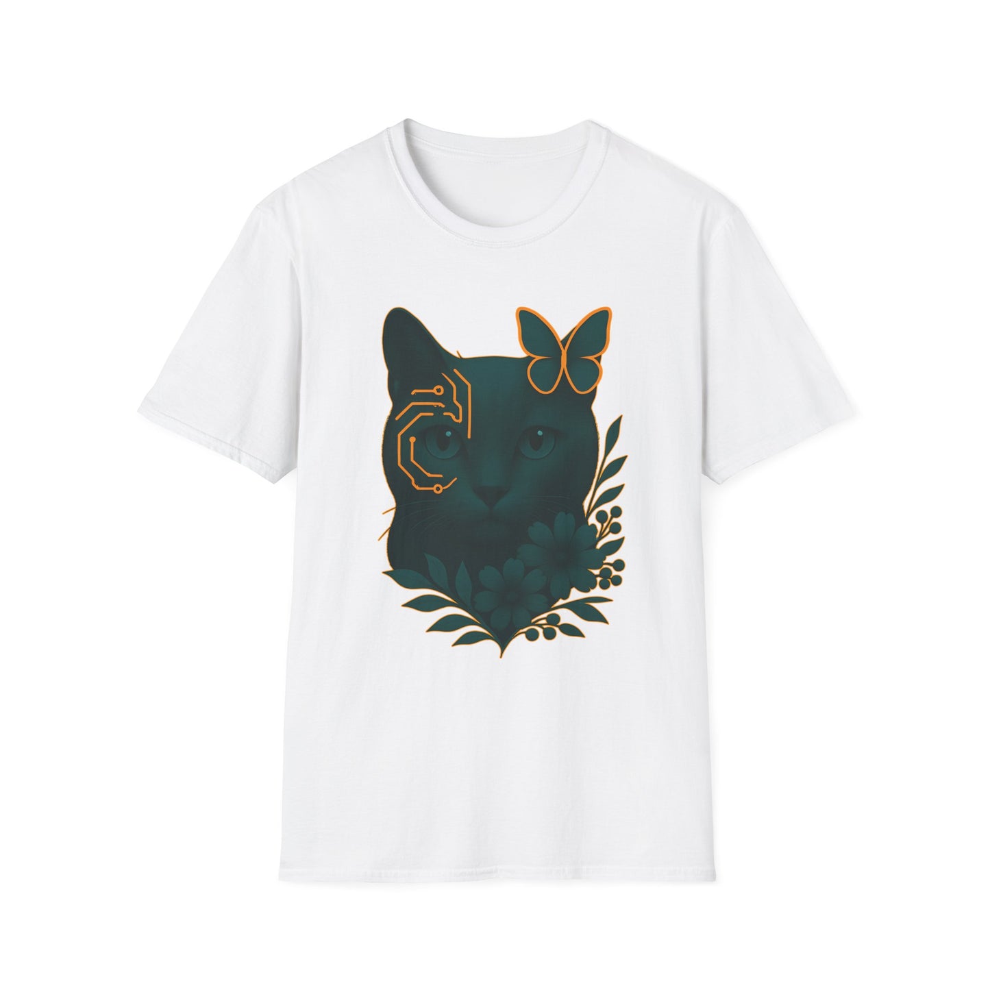 Cyber Floral Cat T-Shirt – Futuristic Cat Lover Tee, Nature Inspired Tee, Animal Print Shirt, Butterfly Art Design