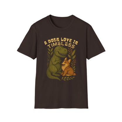 Timeless Love T-Shirt, Cute Dino and Dog Design, Pet Lover Gift, Unisex Apparel, Animal Lover Shirt, Casual Wear, Gift for Dog Owners