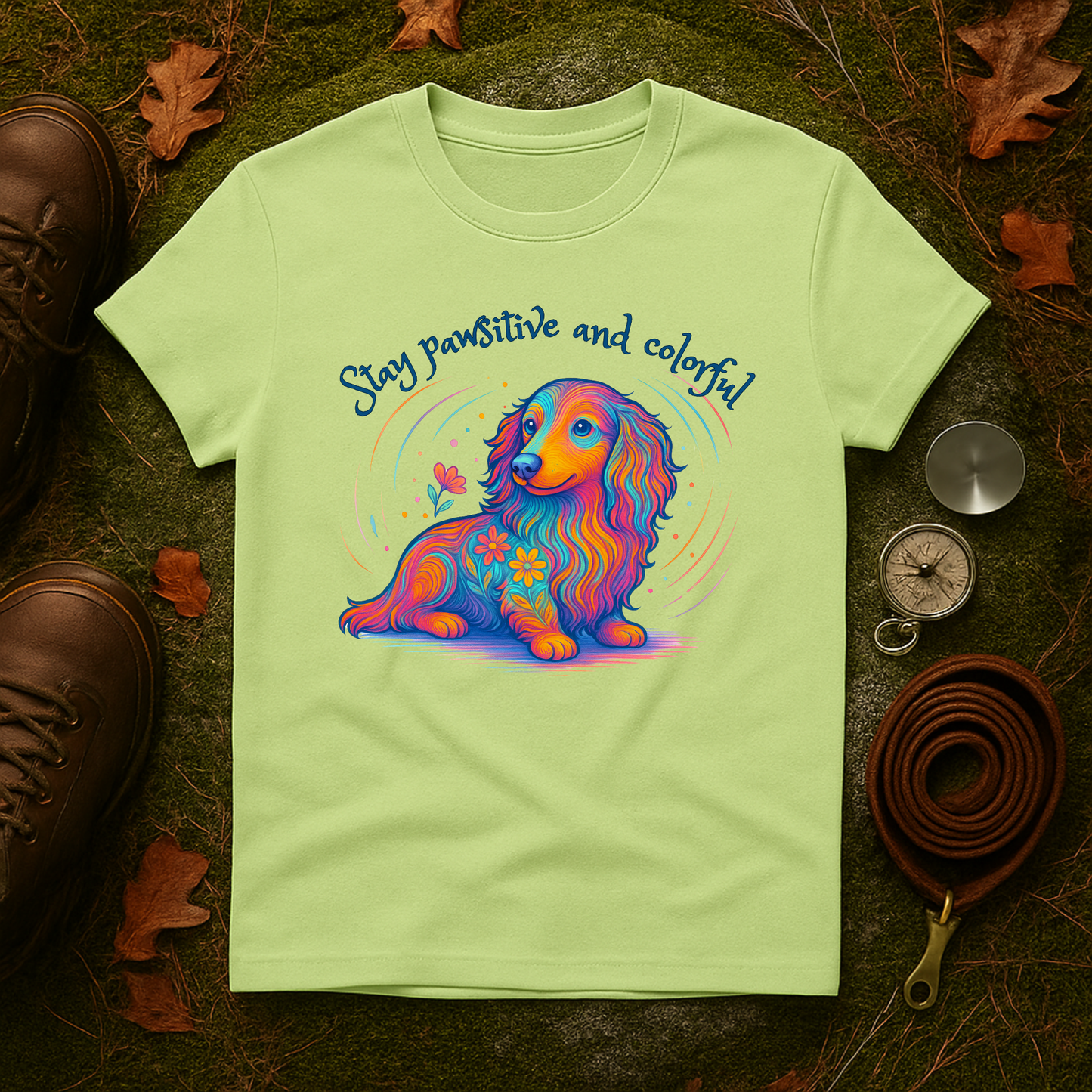 Colorful Dachshund Shirt – Stay Pawsitive Dog Tee