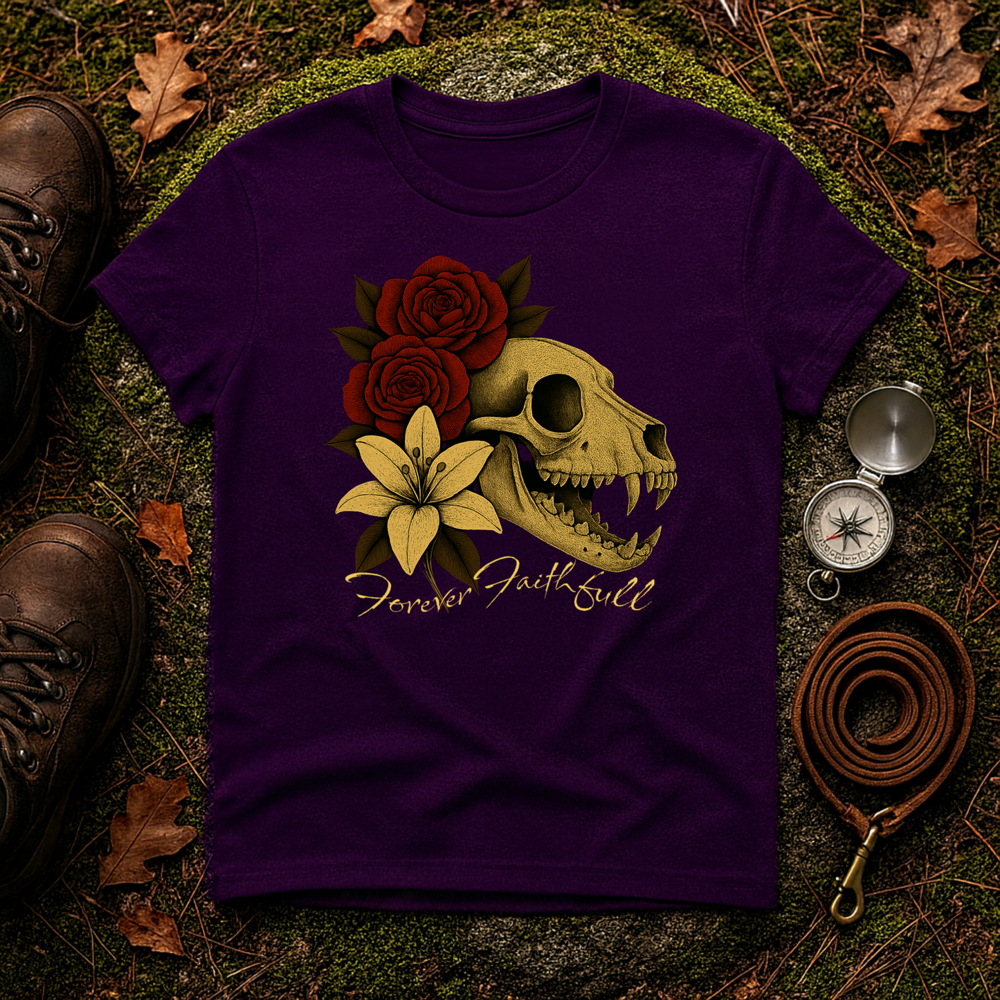 Forever Faithful Dog Skull Floral Gothic T-Shirt