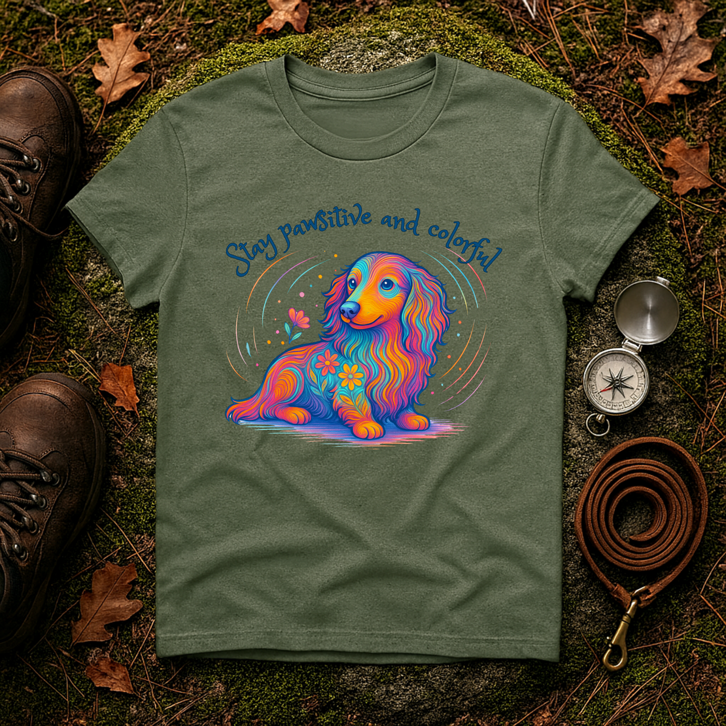 Colorful Dachshund Shirt – Stay Pawsitive Dog Tee