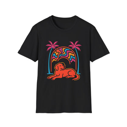 Psychedelic Dog Palm Trees Tee - Retro Sunset