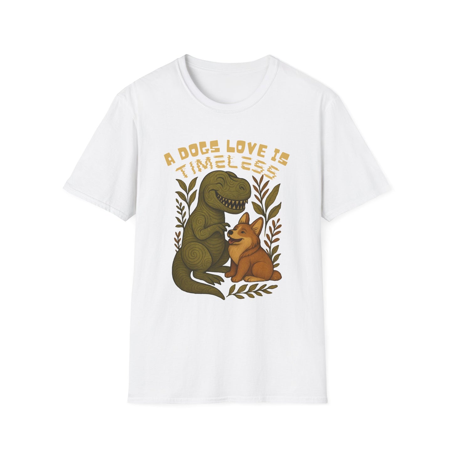 Timeless Love T-Shirt, Cute Dino and Dog Design, Pet Lover Gift, Unisex Apparel, Animal Lover Shirt, Casual Wear, Gift for Dog Owners