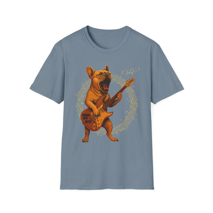 Rocking French Bulldog Unisex T-Shirt, Dog Lover Gift, Music Tee, Funny Graphic Shirt, Pet Themed Apparel