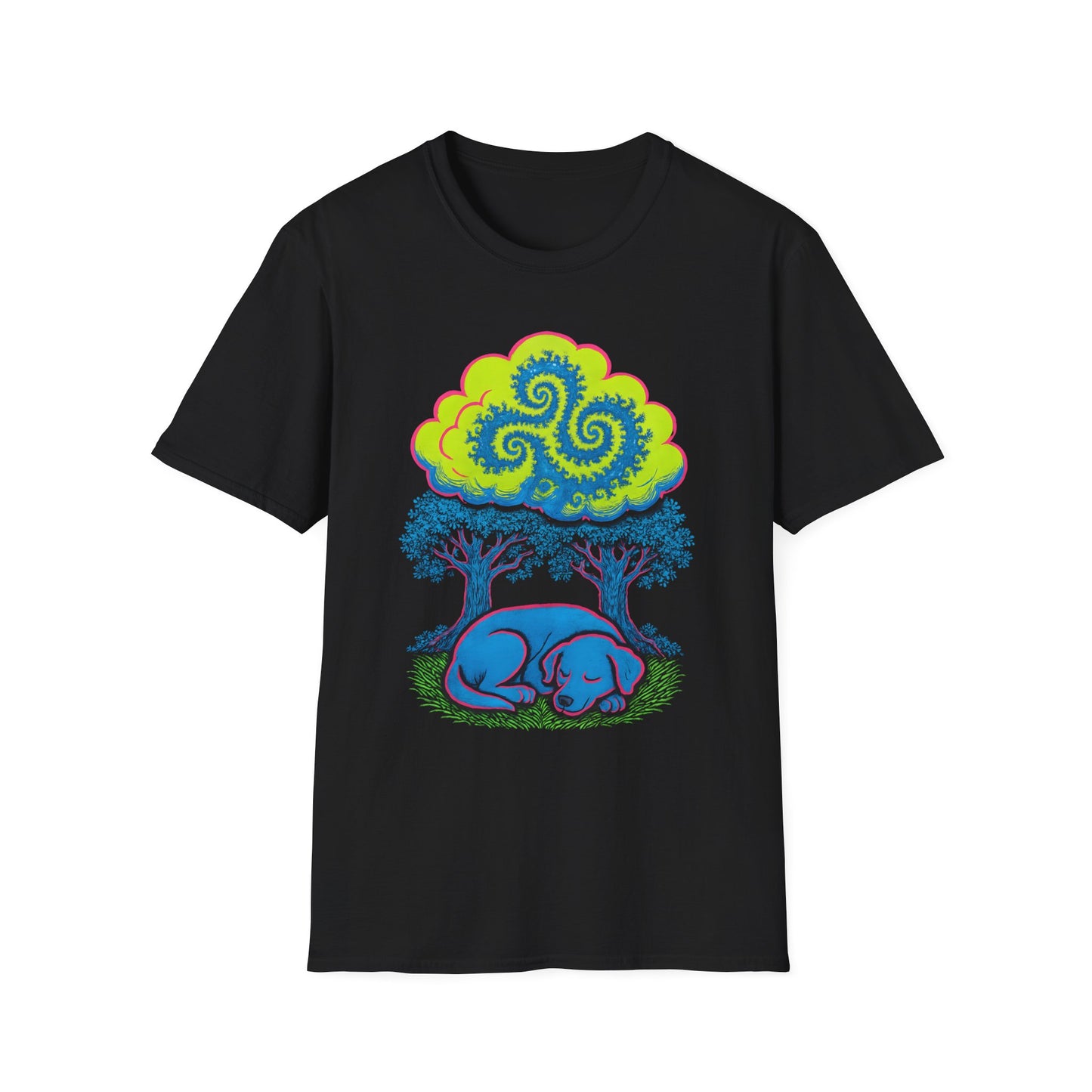 Psychedelic Sleeping Dog T-Shirt with Trippy Fractals, Gift for Nature Lovers, Unisex Tee, Festival Wear, Boho Style, Eco-Friendly Clothing