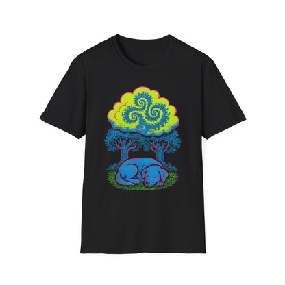Psychedelic Sleeping Dog T-Shirt with Trippy Fractals, Gift for Nature Lovers, Unisex Tee, Festival Wear, Boho Style, Eco-Friendly Clothing