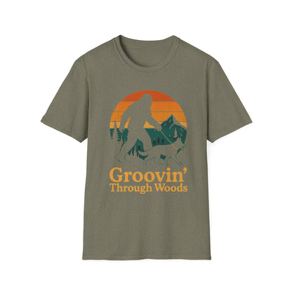 Bigfoot Walking Dog T-Shirt Funny Hiking Pet Lover Tee, Nature Lover Gift, Outdoor Enthusiast Apparel, Groovin' Through Woods Shirt