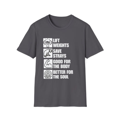 Lift Weights Save Strays T-Shirt | Fitness Dog Rescue Tee