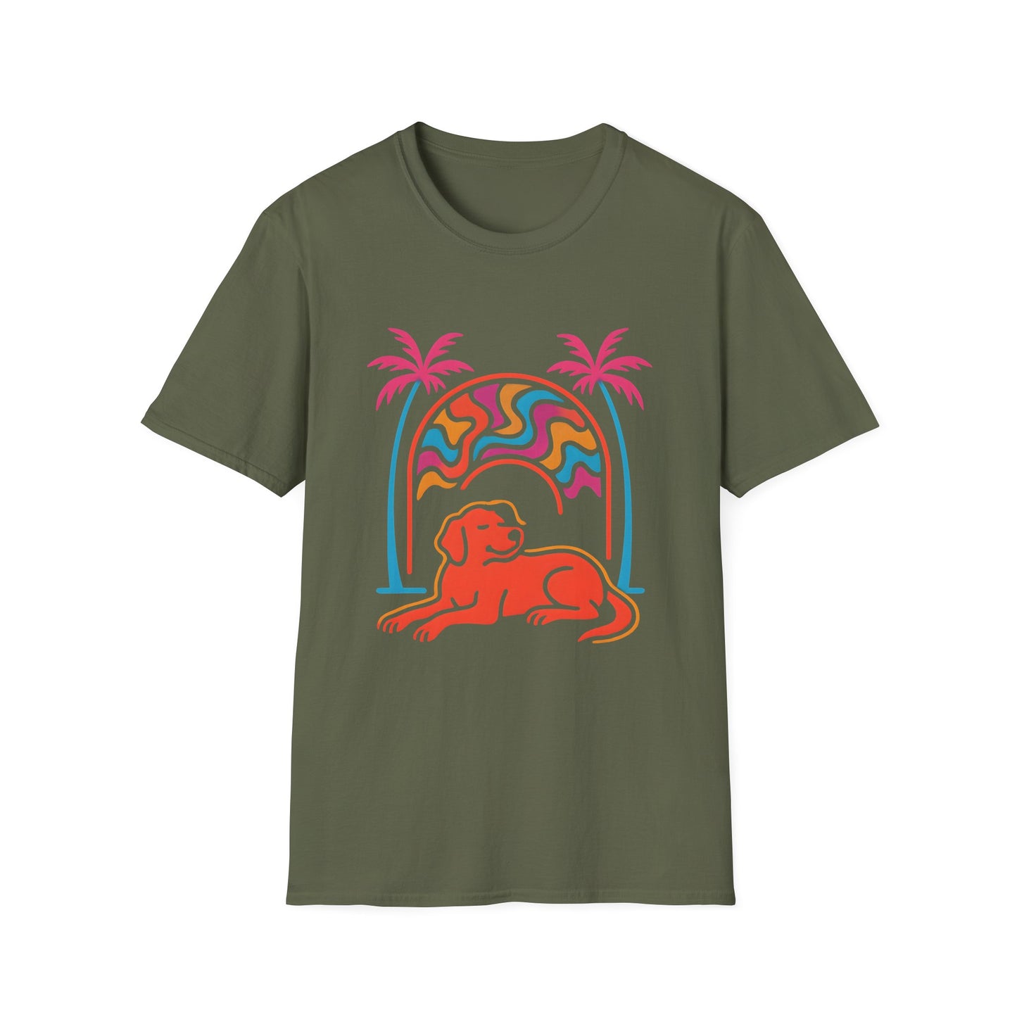 Psychedelic Dog Palm Trees Tee - Retro Sunset