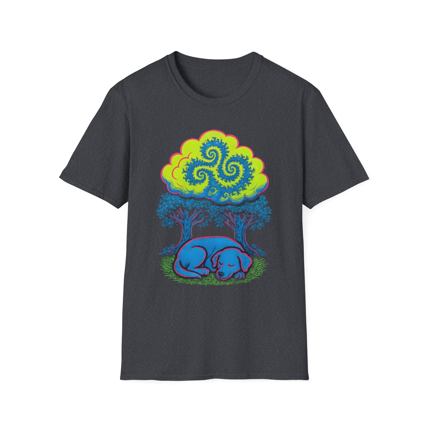Psychedelic Sleeping Dog T-Shirt with Trippy Fractals, Gift for Nature Lovers, Unisex Tee, Festival Wear, Boho Style, Eco-Friendly Clothing