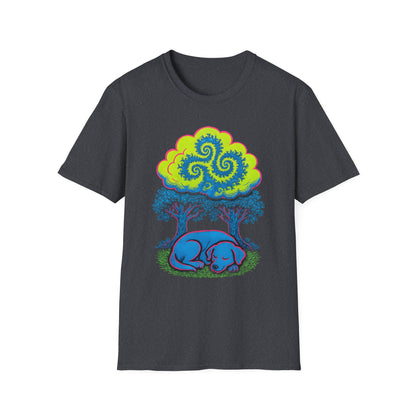 Psychedelic Sleeping Dog T-Shirt with Trippy Fractals, Gift for Nature Lovers, Unisex Tee, Festival Wear, Boho Style, Eco-Friendly Clothing