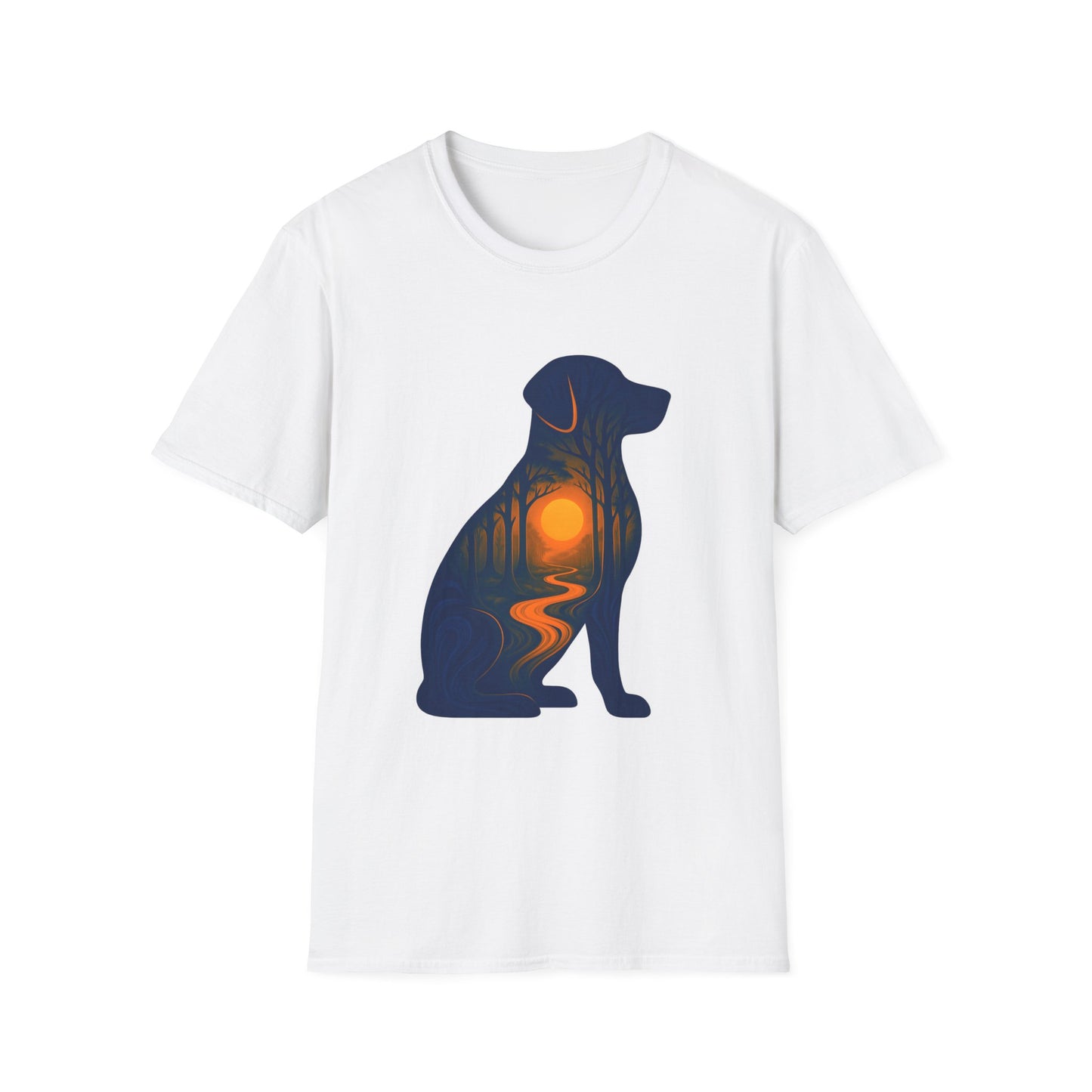 Sunset Dog Silhouette Nature Forest Adventure Unisex Softstyle T-Shirt | Perfect Gift for Pet Lovers, Nature Enthusiasts, Summer Wear, Gift for Dog Owners.