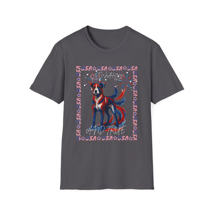 Patriotic Dog T-Shirt | Unisex Softstyle Tee | 4th of July | Casual Wear | Gift for Dog Lovers | Fun Summer Shirt