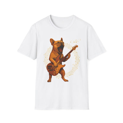 Rocking French Bulldog Unisex T-Shirt, Dog Lover Gift, Music Tee, Funny Graphic Shirt, Pet Themed Apparel
