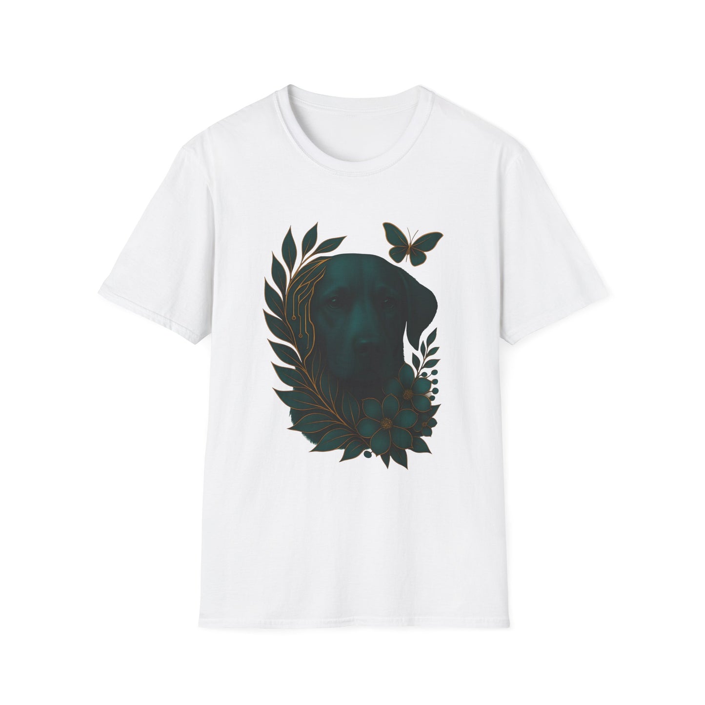 Cyber Floral Dog Silhouette T-Shirt - Unisex Softstyle Tee, Pet Lover Gift, Nature-Inspired Apparel, Casual Wear, Birthday Gift, Spring Fashion