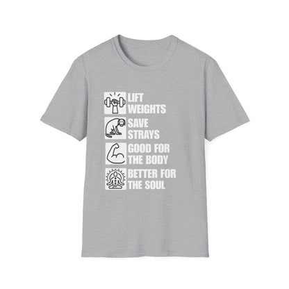 Lift Weights Save Strays T-Shirt | Fitness Dog Rescue Tee