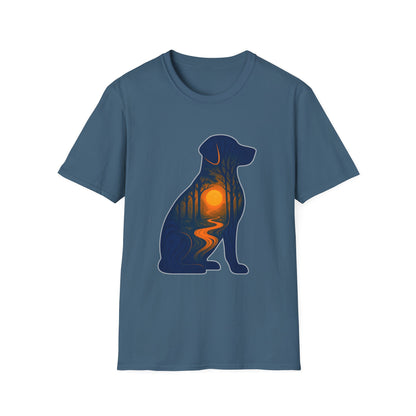 Sunset Dog Silhouette Nature Forest Adventure Unisex Softstyle T-Shirt | Perfect Gift for Pet Lovers, Nature Enthusiasts, Summer Wear, Gift for Dog Owners.