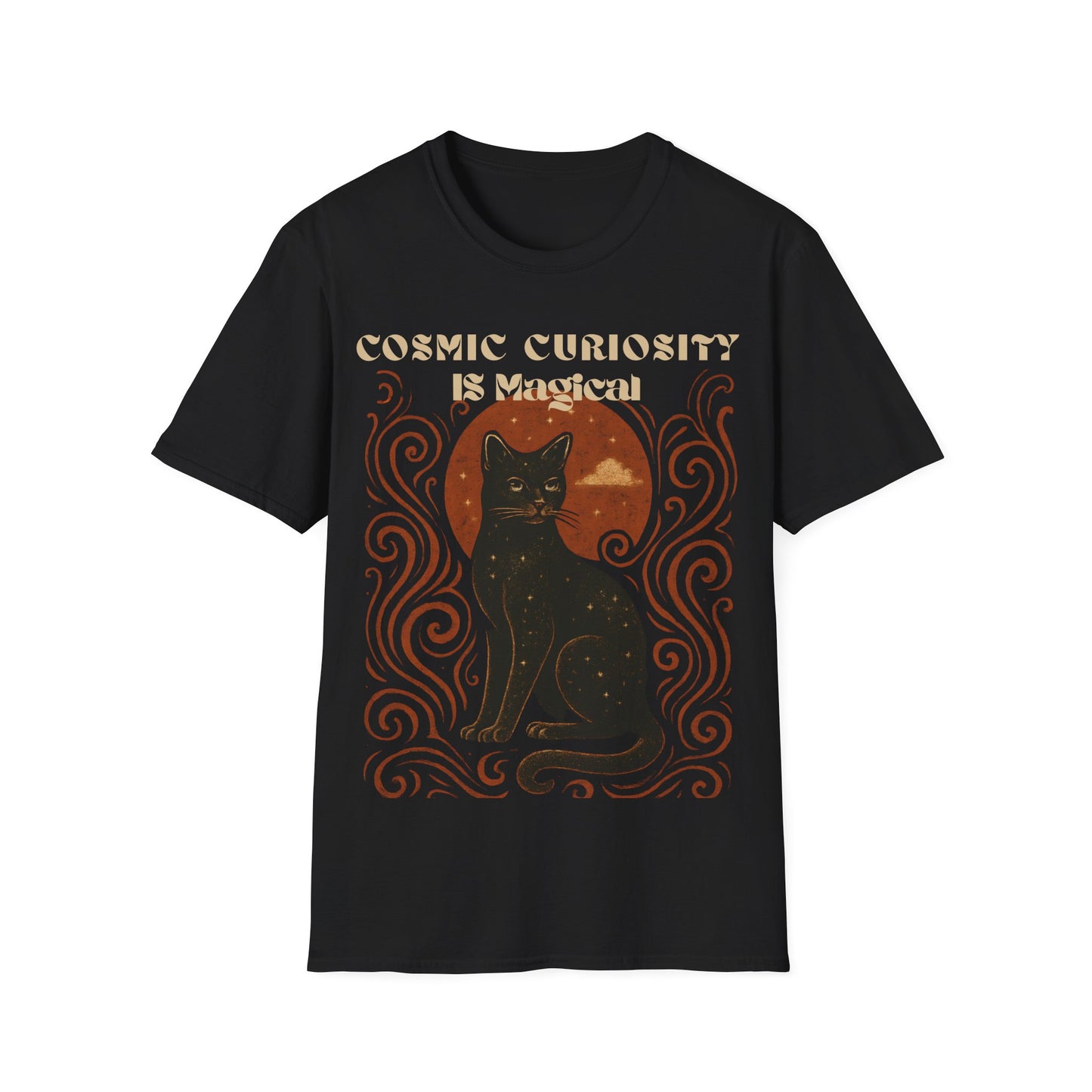 Cosmic Curiosity Black Cat T-Shirt, Magical Tee, Cat Lover Gift, Witchy Apparel, Autumn Outfit, Halloween Shirt