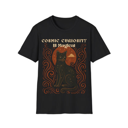 Cosmic Curiosity Black Cat T-Shirt, Magical Tee, Cat Lover Gift, Witchy Apparel, Autumn Outfit, Halloween Shirt