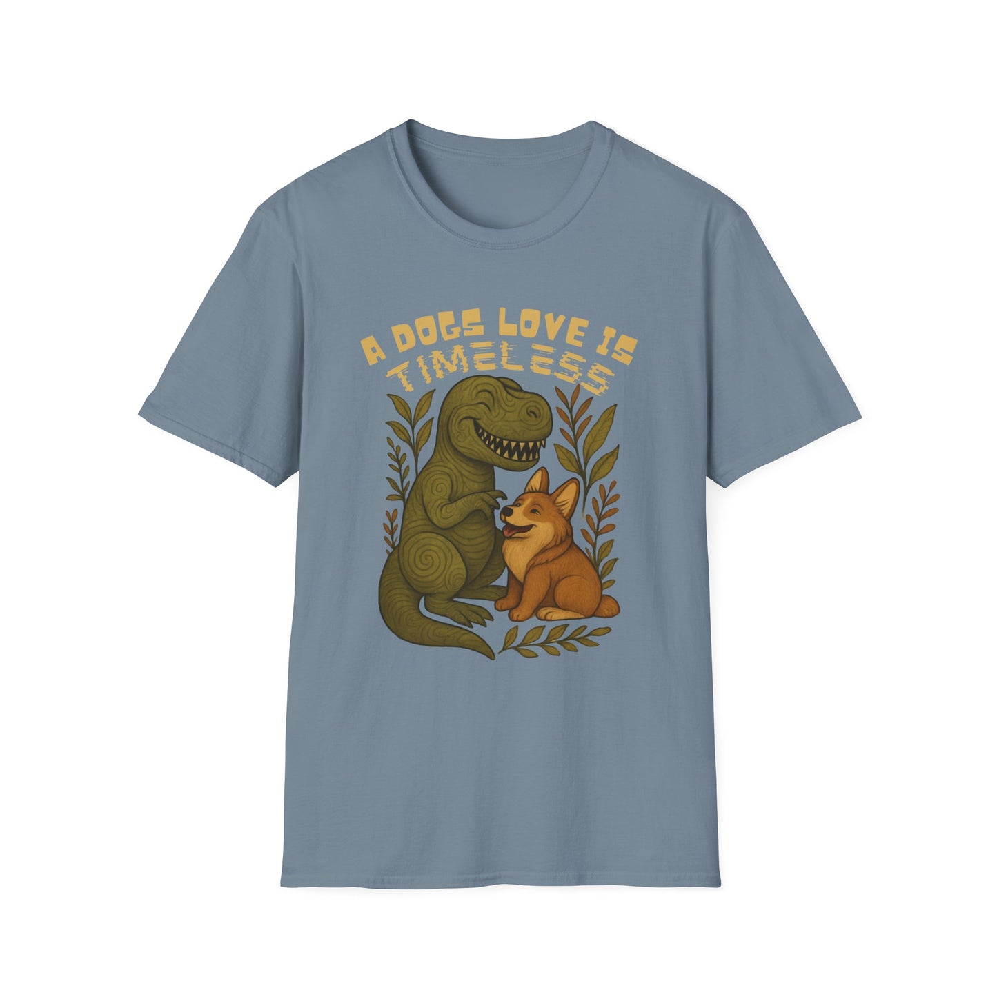 Timeless Love T-Shirt, Cute Dino and Dog Design, Pet Lover Gift, Unisex Apparel, Animal Lover Shirt, Casual Wear, Gift for Dog Owners
