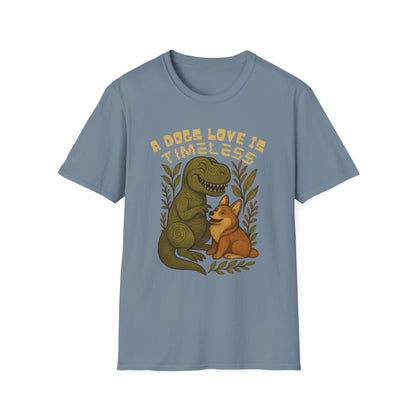 Timeless Love T-Shirt, Cute Dino and Dog Design, Pet Lover Gift, Unisex Apparel, Animal Lover Shirt, Casual Wear, Gift for Dog Owners