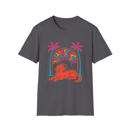 Psychedelic Dog Palm Trees Tee - Retro Sunset