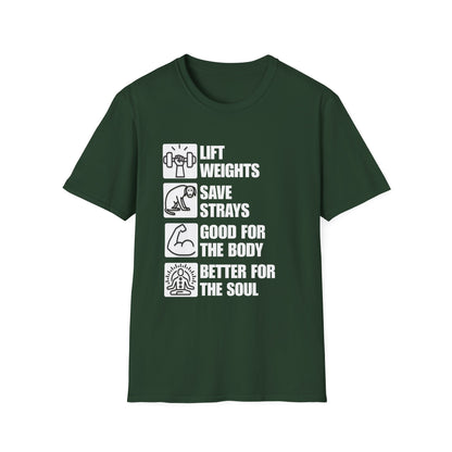Lift Weights Save Strays T-Shirt | Fitness Dog Rescue Tee