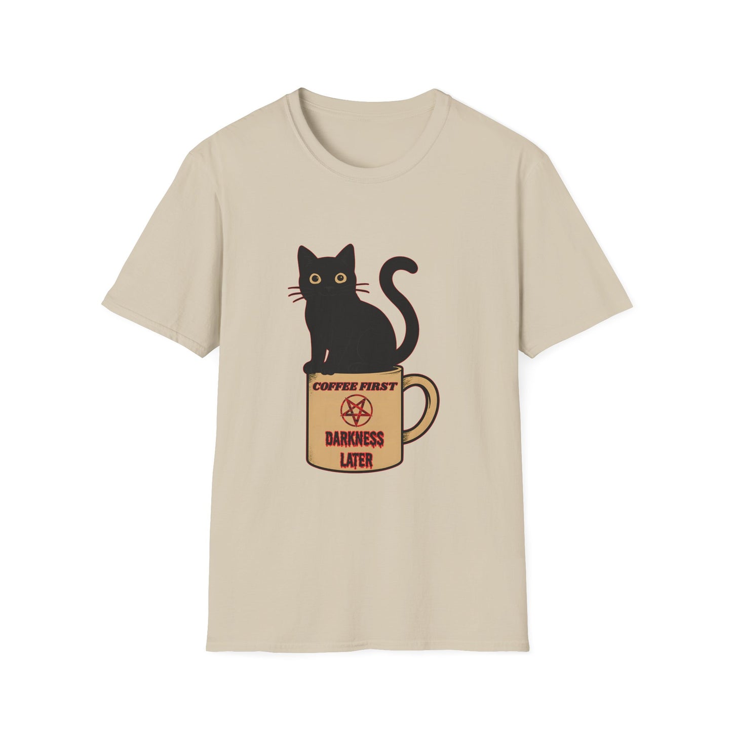 Coffee First, Darkness Later Cat T-Shirt, Unisex Tee for Cat Lovers, Perfect Gift for Halloween, Casual Wear, Comfortable Cotton Tee