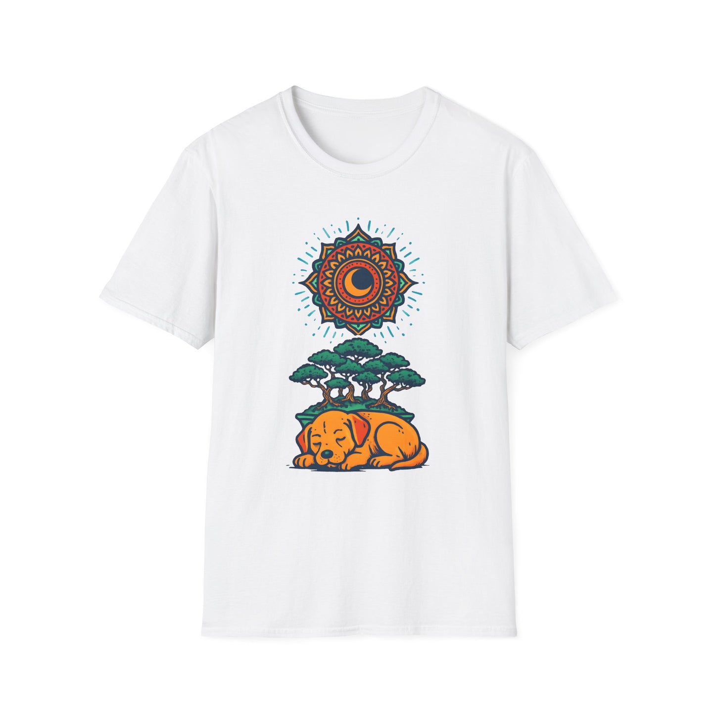 Zen Sleeping Dog T-Shirt with Bonsai and Mandala Art, Cozy Summer Shirt, Casual Wear, Gift for Dog Lovers, Unique Unisex T-Shirt