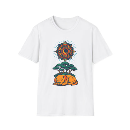 Zen Sleeping Dog T-Shirt with Bonsai and Mandala Art, Cozy Summer Shirt, Casual Wear, Gift for Dog Lovers, Unique Unisex T-Shirt