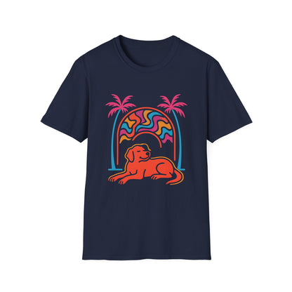 Psychedelic Dog Palm Trees Tee - Retro Sunset