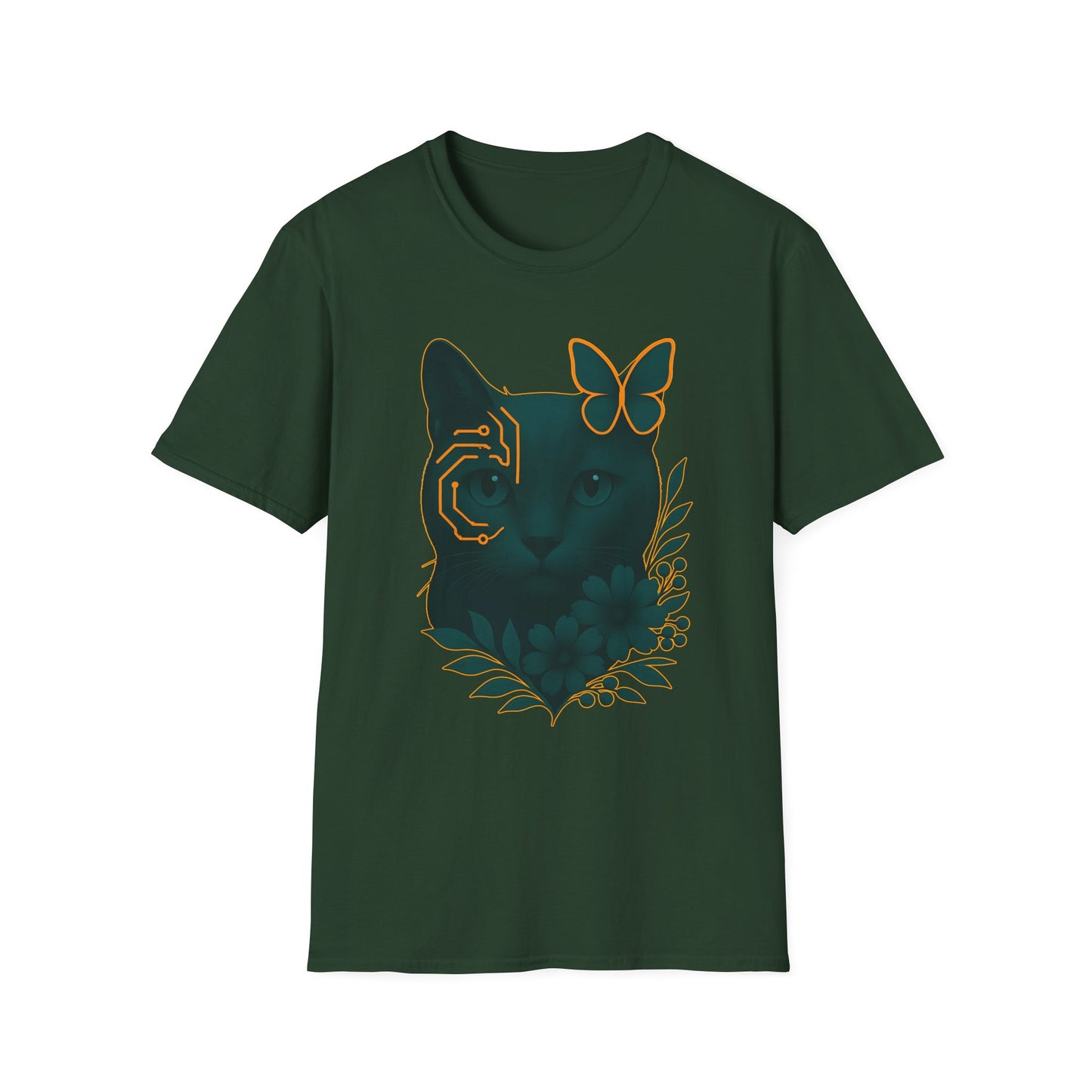 Cyber Floral Cat T-Shirt – Futuristic Cat Lover Tee, Nature Inspired Tee, Animal Print Shirt, Butterfly Art Design