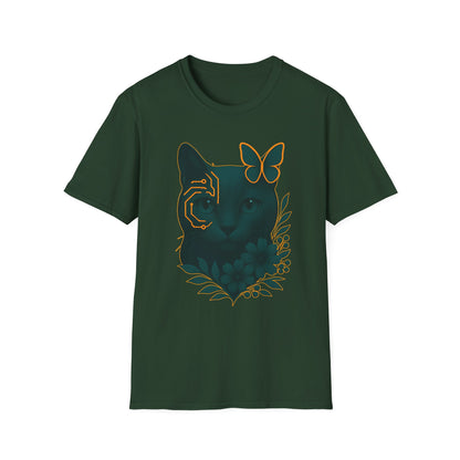 Cyber Floral Cat T-Shirt – Futuristic Cat Lover Tee, Nature Inspired Tee, Animal Print Shirt, Butterfly Art Design