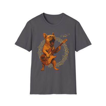 Rocking French Bulldog Unisex T-Shirt, Dog Lover Gift, Music Tee, Funny Graphic Shirt, Pet Themed Apparel