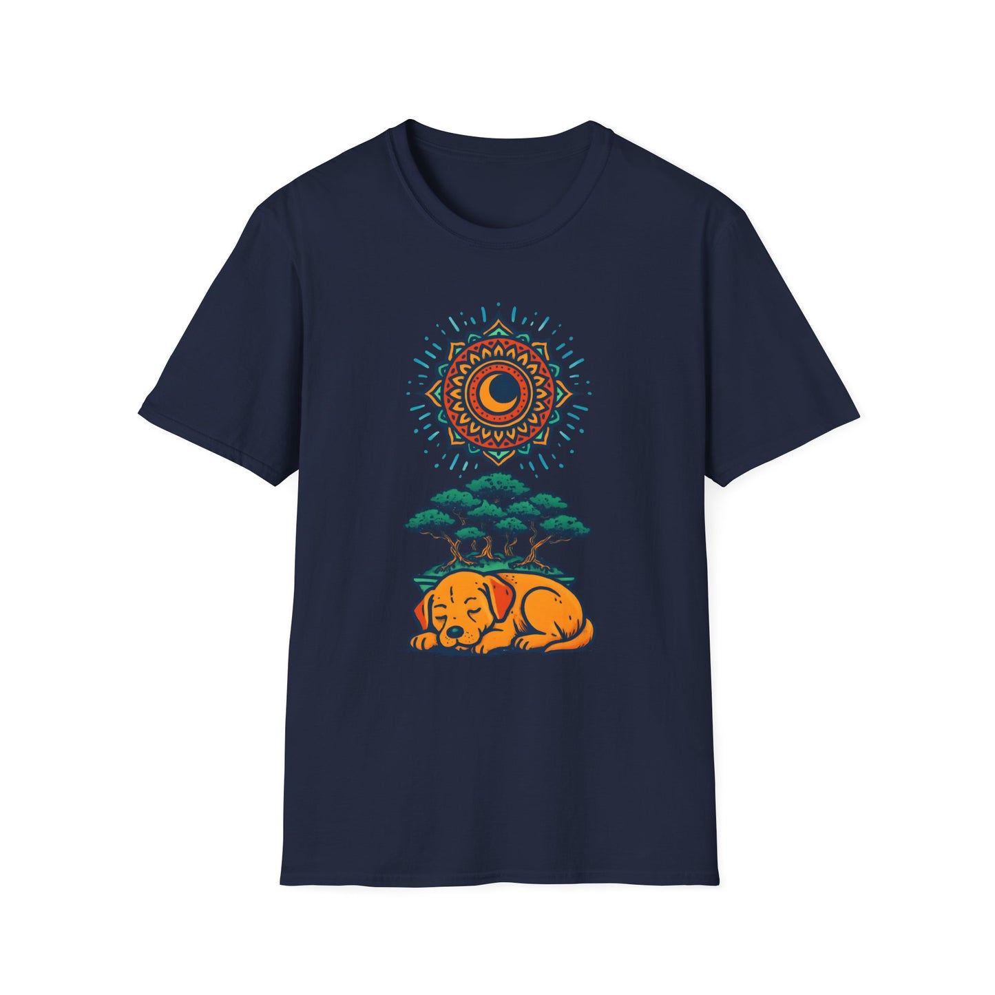 Zen Sleeping Dog T-Shirt with Bonsai and Mandala Art, Cozy Summer Shirt, Casual Wear, Gift for Dog Lovers, Unique Unisex T-Shirt