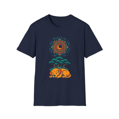 Zen Sleeping Dog T-Shirt with Bonsai and Mandala Art, Cozy Summer Shirt, Casual Wear, Gift for Dog Lovers, Unique Unisex T-Shirt