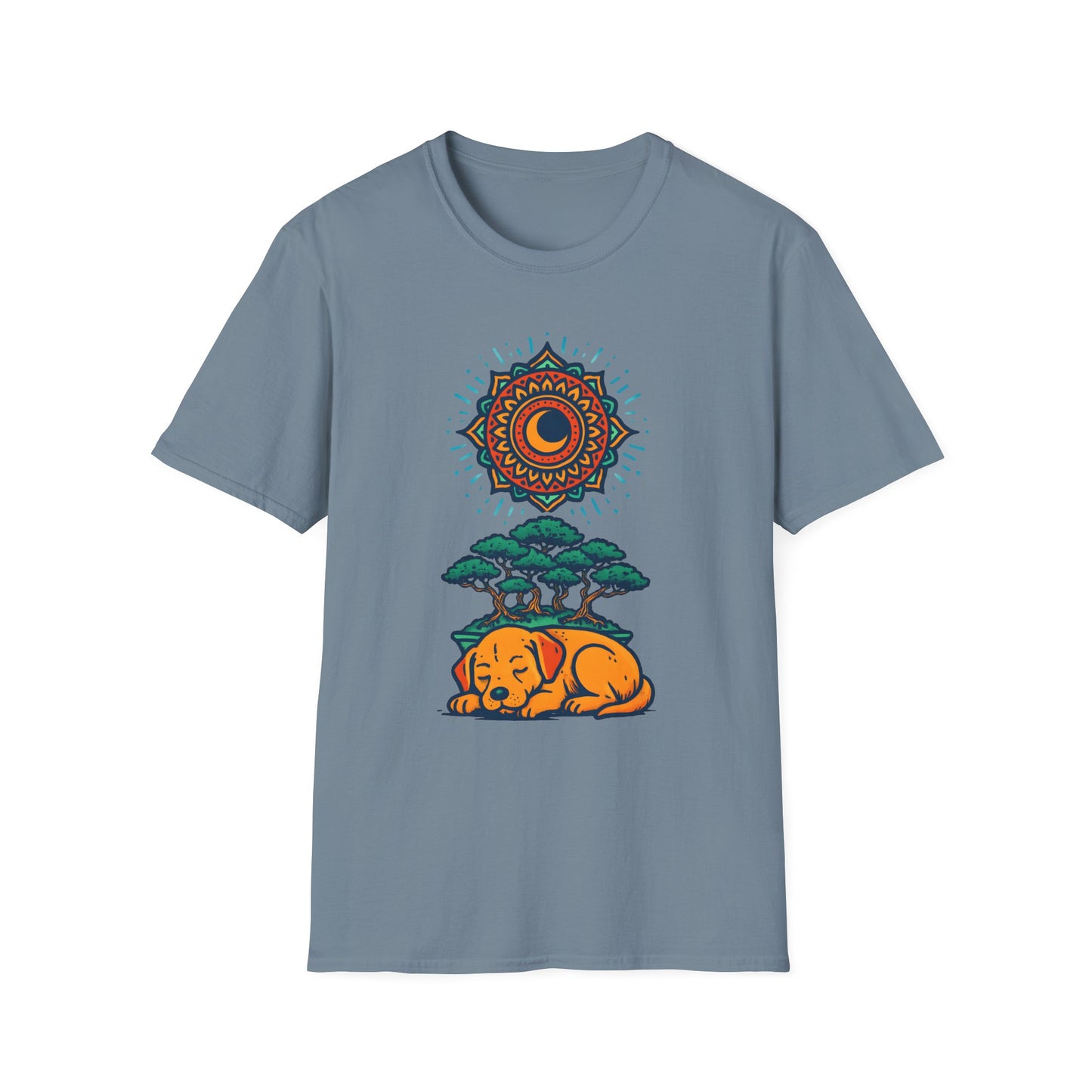 Zen Sleeping Dog T-Shirt with Bonsai and Mandala Art, Cozy Summer Shirt, Casual Wear, Gift for Dog Lovers, Unique Unisex T-Shirt
