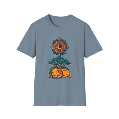 Zen Sleeping Dog T-Shirt with Bonsai and Mandala Art, Cozy Summer Shirt, Casual Wear, Gift for Dog Lovers, Unique Unisex T-Shirt