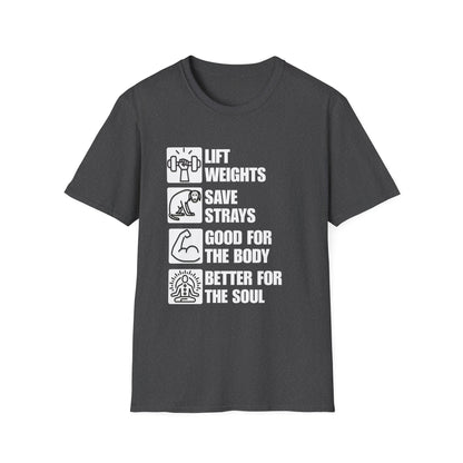 Lift Weights Save Strays T-Shirt | Fitness Dog Rescue Tee