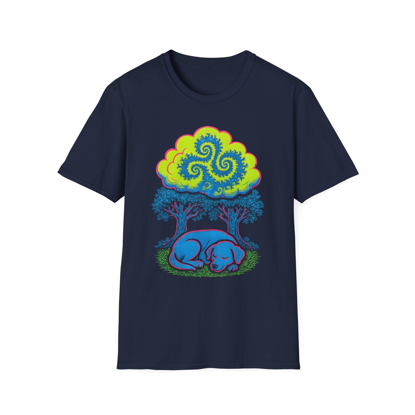 Psychedelic Sleeping Dog T-Shirt with Trippy Fractals, Gift for Nature Lovers, Unisex Tee, Festival Wear, Boho Style, Eco-Friendly Clothing