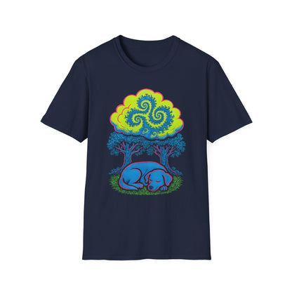 Psychedelic Sleeping Dog T-Shirt with Trippy Fractals, Gift for Nature Lovers, Unisex Tee, Festival Wear, Boho Style, Eco-Friendly Clothing