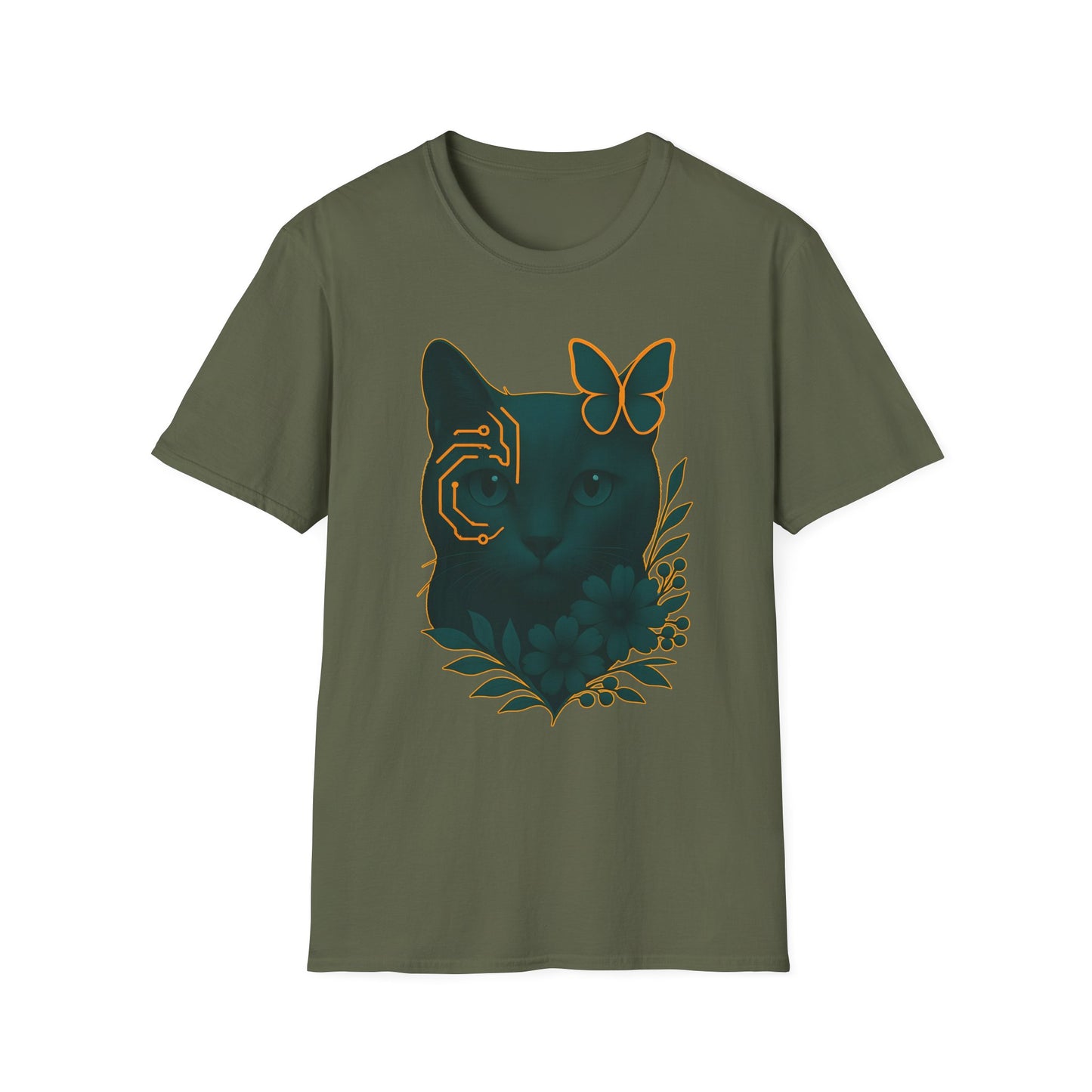 Cyber Floral Cat T-Shirt – Futuristic Cat Lover Tee, Nature Inspired Tee, Animal Print Shirt, Butterfly Art Design