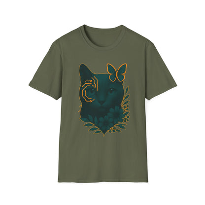 Cyber Floral Cat T-Shirt – Futuristic Cat Lover Tee, Nature Inspired Tee, Animal Print Shirt, Butterfly Art Design