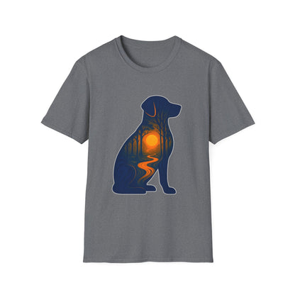 Sunset Dog Silhouette Nature Forest Adventure Unisex Softstyle T-Shirt | Perfect Gift for Pet Lovers, Nature Enthusiasts, Summer Wear, Gift for Dog Owners.
