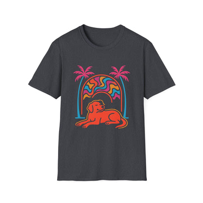 Psychedelic Dog Palm Trees Tee - Retro Sunset