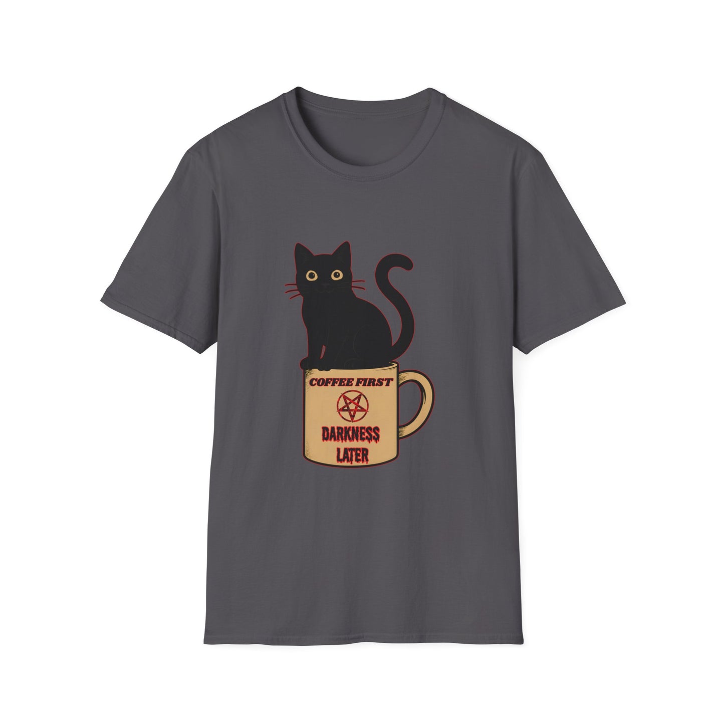 Coffee First, Darkness Later Cat T-Shirt, Unisex Tee for Cat Lovers, Perfect Gift for Halloween, Casual Wear, Comfortable Cotton Tee