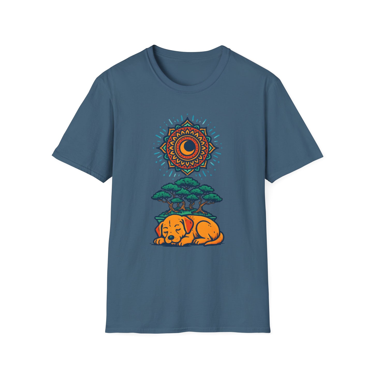 Zen Sleeping Dog T-Shirt with Bonsai and Mandala Art, Cozy Summer Shirt, Casual Wear, Gift for Dog Lovers, Unique Unisex T-Shirt