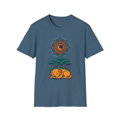 Zen Sleeping Dog T-Shirt with Bonsai and Mandala Art, Cozy Summer Shirt, Casual Wear, Gift for Dog Lovers, Unique Unisex T-Shirt