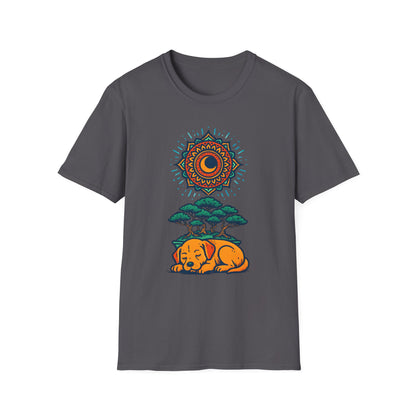 Zen Sleeping Dog T-Shirt with Bonsai and Mandala Art, Cozy Summer Shirt, Casual Wear, Gift for Dog Lovers, Unique Unisex T-Shirt