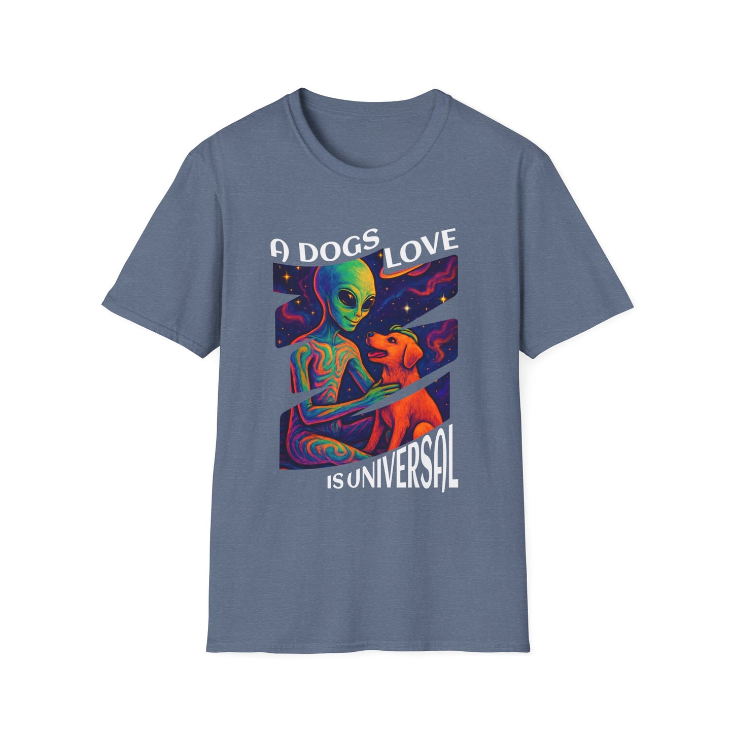 Universal Love Graphic Tee, Alien Dog Lover Shirt, Gift for Dog Owners, Unique Unisex T-Shirt, Fun Casual Wear, Cosmic Pets Apparel